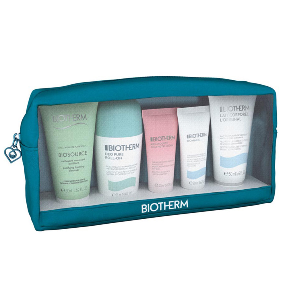 [6543091] Biotherm - Aquasource Routine Pouch Set (Roll On 75ml + Purifying Foaming Cleanser 50ml + Biomains 20ml + Lait Corporel 50ml + Cica Nutri Cream 20ml)